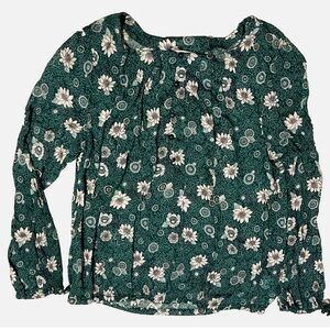 Lucky Brand Women Green & White Floral Round Neck Long Sleeve Blouse Top